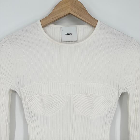 AKNVAS Faye Knit Top Crew Neck Corset Stitch Bustier Ribbed Long Sleeve, White - Picture 8 of 16
